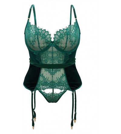 Baby Dolls & Chemises Womens Lace Lingerie Babydoll Bodysuit Sexy Lace Corset and Panty Underwire Lingerie Sets - Green - C21...