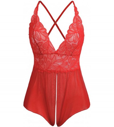 Baby Dolls & Chemises Women's Sexy Lace Teddy Bodysuit One Piece Lingerie Outfits Sheer Nighties - Red - C718OSM2I87 $37.89