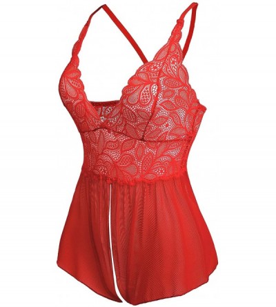 Baby Dolls & Chemises Women's Sexy Lace Teddy Bodysuit One Piece Lingerie Outfits Sheer Nighties - Red - C718OSM2I87 $36.58