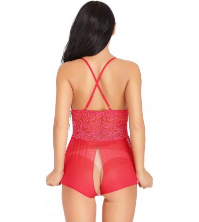 Baby Dolls & Chemises Women's Sexy Lace Teddy Bodysuit One Piece Lingerie Outfits Sheer Nighties - Red - C718OSM2I87 $36.58