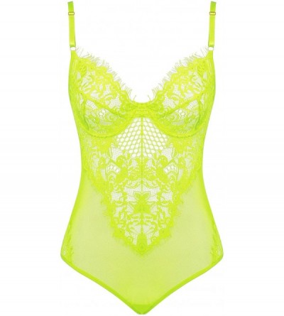 Baby Dolls & Chemises Womens Sexy Lace Teddy Lingerie One Piece Mesh Bodysuit with Underwire - Fluorescent Yellow - C4196RG9Z...