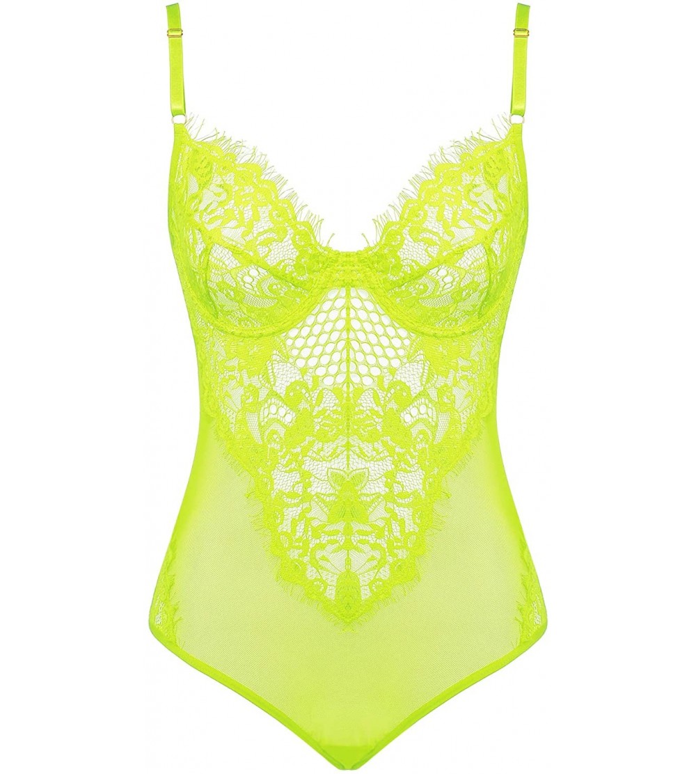 Baby Dolls & Chemises Womens Sexy Lace Teddy Lingerie One Piece Mesh Bodysuit with Underwire - Fluorescent Yellow - C4196RG9Z...