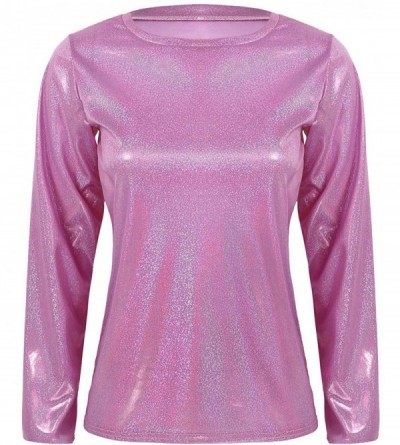 Baby Dolls & Chemises Women's Shiny Holographic Long Sleeve Rave Shirt Tops Tees Disco Party Dance T-Shirt - Pink - C7199OOZ5...