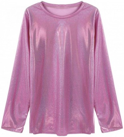 Baby Dolls & Chemises Women's Shiny Holographic Long Sleeve Rave Shirt Tops Tees Disco Party Dance T-Shirt - Pink - C7199OOZ5...