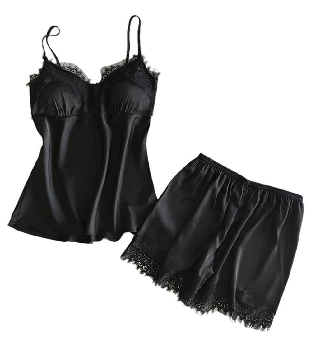 Baby Dolls & Chemises Womens Sexy Lingeries Satin Sling Sleepwear Lace Bowknot Nightdress Loose Floral Underwear - Black - CU...