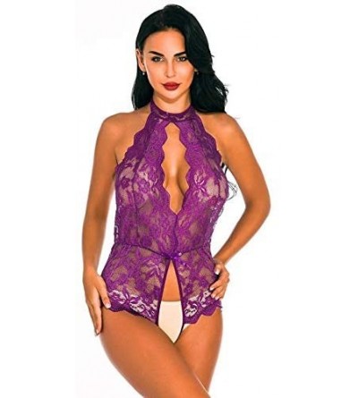Baby Dolls & Chemises Sheer Lingerie for Women for Sex-Deep V Halter Teddy Bodysuit Lace Babydoll Jumpsuit Open Crotch Underw...