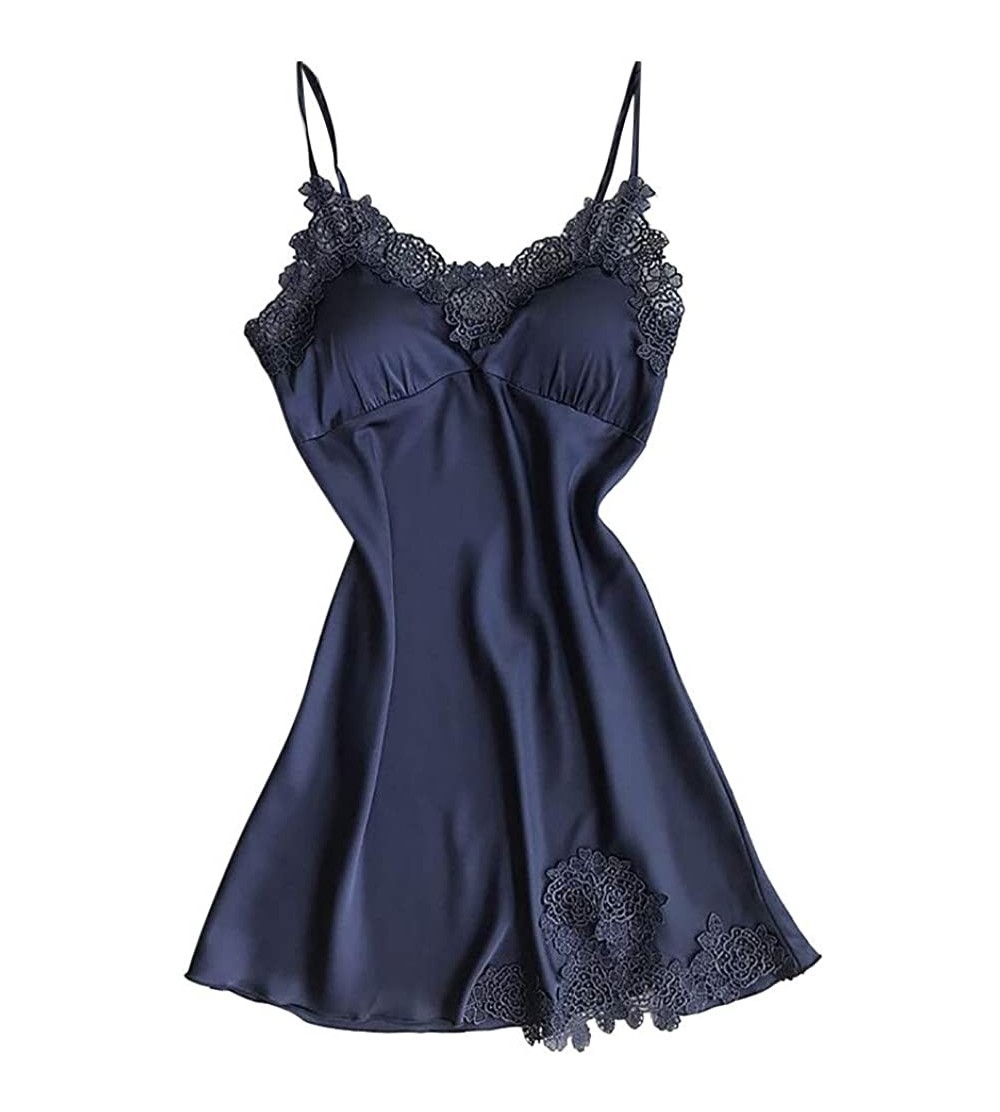Bustiers & Corsets Satin Sleepwear Women Ladies Nightwear Nightdress Sexy Lingerie with Chest Pads - A-navy - CO193S98CM8 $9.20