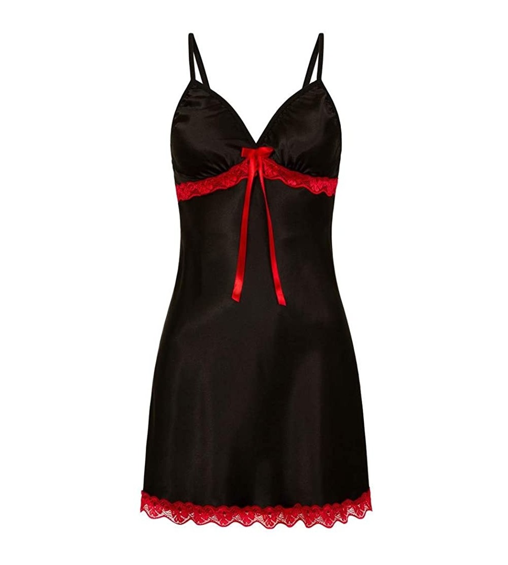 Baby Dolls & Chemises Women Sexy Lingerie Ladies Silk Lace Nightdress Babydoll Sleepwear Nightgown Plus Size - Black 1 - C718...