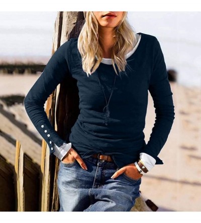 Bras Women Solid Blouse Casual Round Neck Long Sleeve Button Cuffs Slim Fit T -Shirt Tops Tunics - Navy - CV193GMQU9Z $23.23