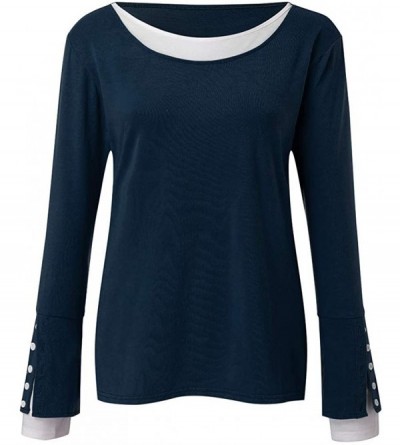 Bras Women Solid Blouse Casual Round Neck Long Sleeve Button Cuffs Slim Fit T -Shirt Tops Tunics - Navy - CV193GMQU9Z $23.23