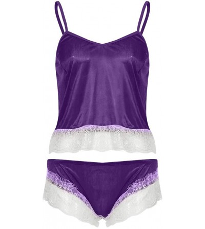 Bustiers & Corsets Women Lace Sexy Passion Lingerie Babydoll Nightwear 2PC Set - Purple - CE18SOWYYK6 $24.85