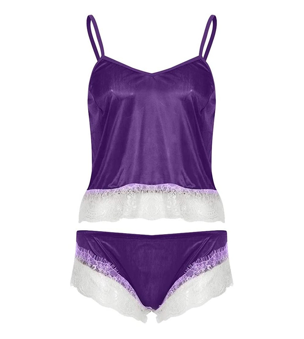 Bustiers & Corsets Women Lace Sexy Passion Lingerie Babydoll Nightwear 2PC Set - Purple - CE18SOWYYK6 $10.00