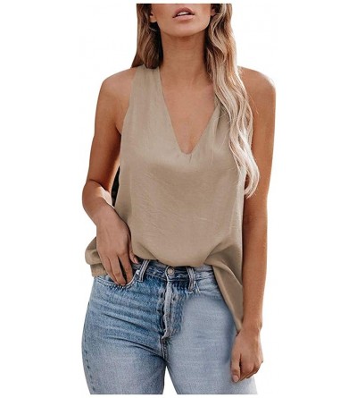 Accessories Women's V Neck Cross Back Tops Solid Color Summer Sleeveless Shirts Tank Camisole Blouse - Khaki - CW199SGQKR8 $1...