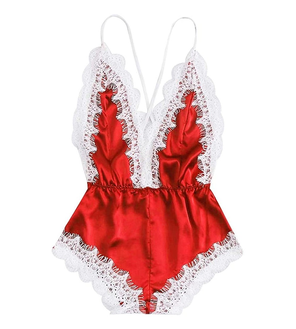 Baby Dolls & Chemises Fashion Womens Sexy Lingerie Girl V-Neck Lace Splice Bodysuit Sleepwear Bodydoll - C Red - C0195Y6W9CC ...