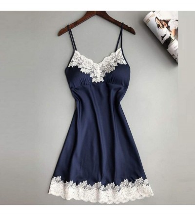 Baby Dolls & Chemises Women Sexy Lingerie Ladies Silk Lace Nightdress Babydoll Sleepwear Nightgown Plus Size - Dark Blue - CP...