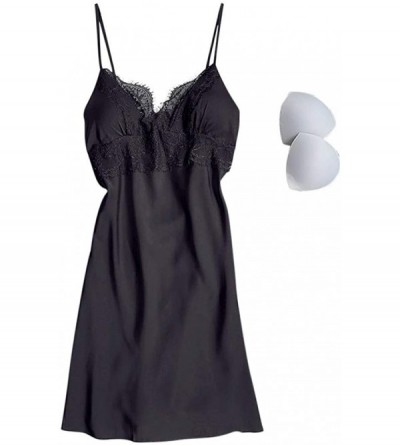 Bras Women Sleepwear Satin Pajamas Set Lace Cami Dress Silky Nightwear Lingerie - B-black - CD196LXXA5T $24.54