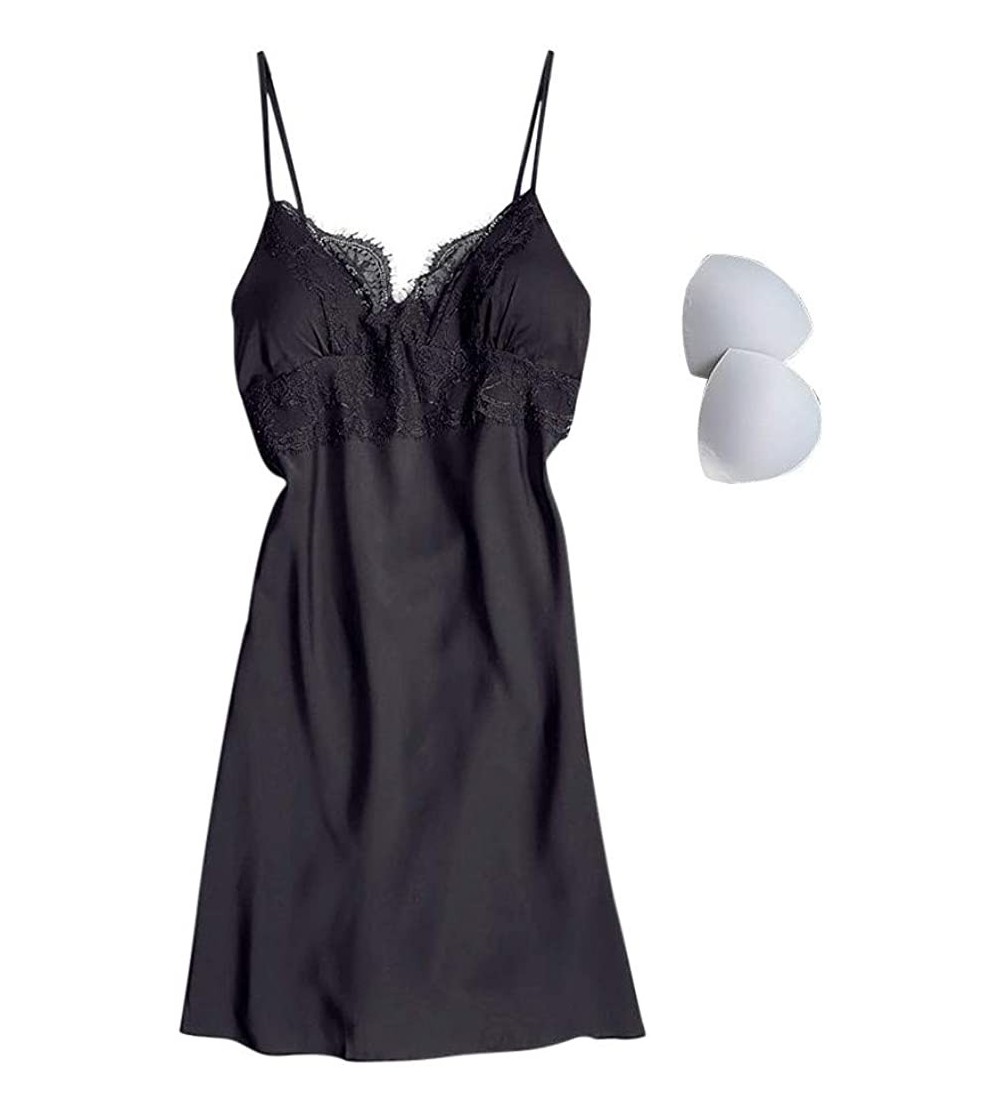 Bras Women Sleepwear Satin Pajamas Set Lace Cami Dress Silky Nightwear Lingerie - B-black - CD196LXXA5T $24.54