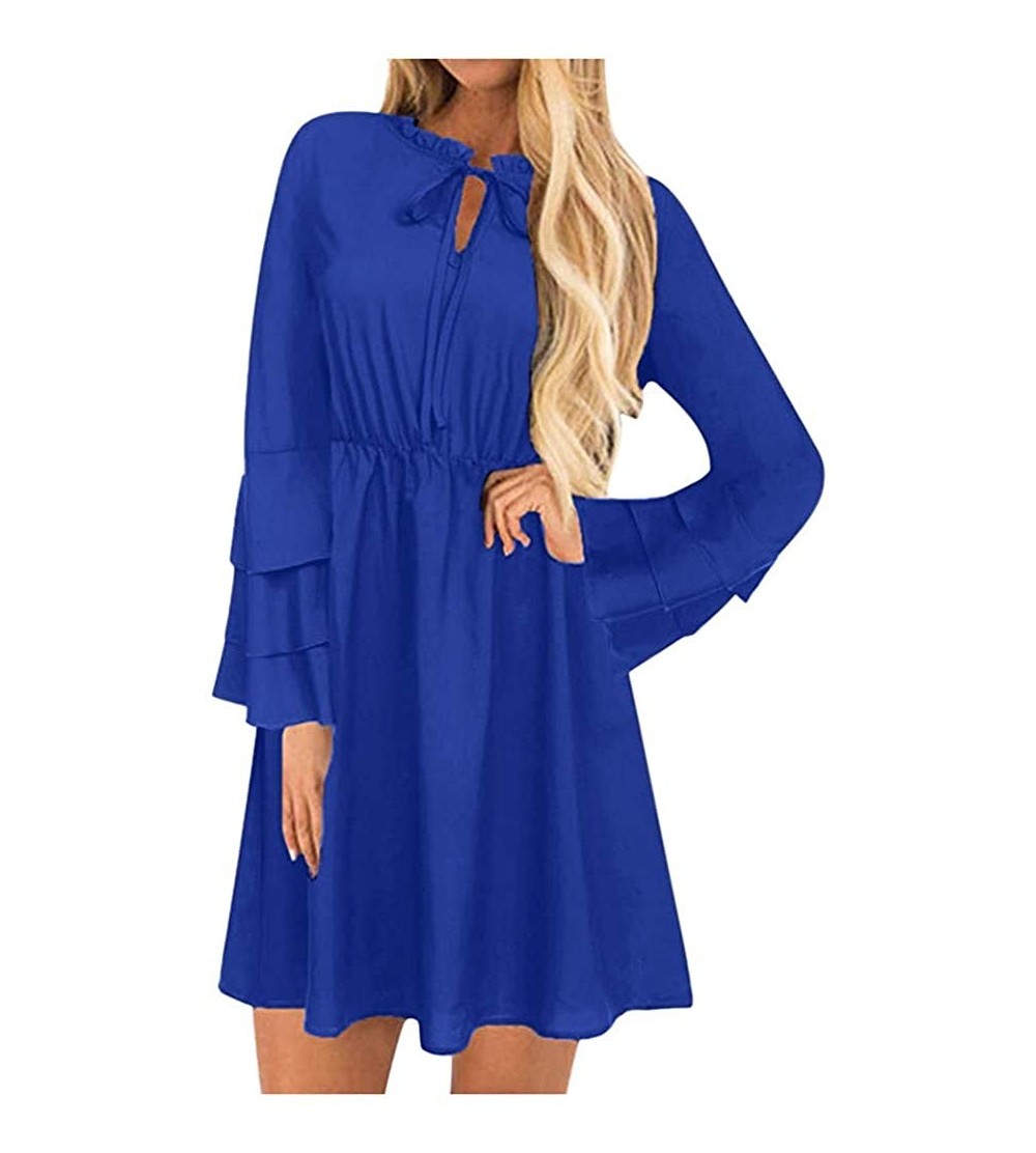 Bras Womens Solid Mini Dress Elegant Lacing O-Neck Layered Sleeve Ruched Hem Dresses - Blue - CK193NQ8MOG $18.93