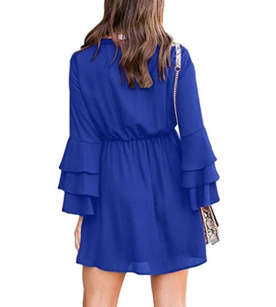 Bras Womens Solid Mini Dress Elegant Lacing O-Neck Layered Sleeve Ruched Hem Dresses - Blue - CK193NQ8MOG $18.93