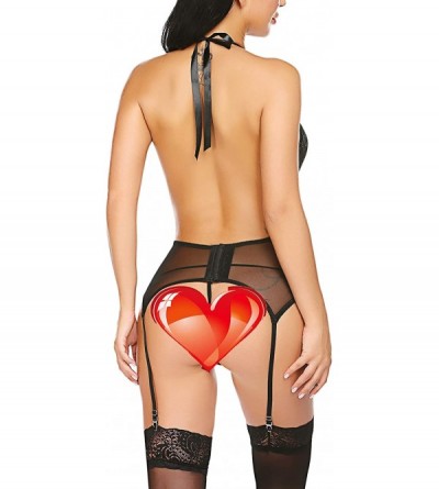Baby Dolls & Chemises Women Sexy Teddy Lingerie Set with Garter Belts Deep V Halter Lace Bodysuit - Dark Red - CV18X8S4LO3 $1...