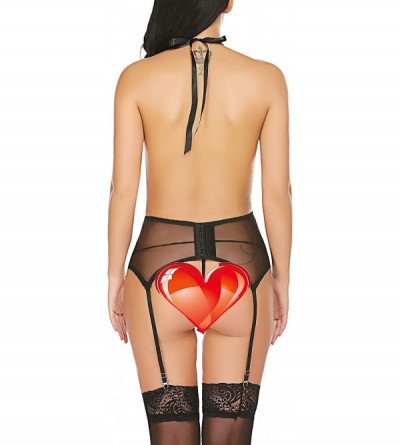 Baby Dolls & Chemises Women Sexy Teddy Lingerie Set with Garter Belts Deep V Halter Lace Bodysuit - Dark Red - CV18X8S4LO3 $1...