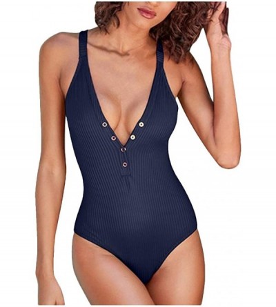 Bras Womens Deep V-Neck Monokini Sexy High Waist Ruffle Swimwear Female Retro Swimuit Set - Dark Blue - C1195Y7N76L $17.42