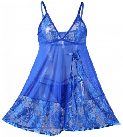 Baby Dolls & Chemises Women's Lingerie Lace Babydoll V Neck Strap Sleepwear Chemise Mesh Sleepwear M-6XL - Style 2 Blue - C41...