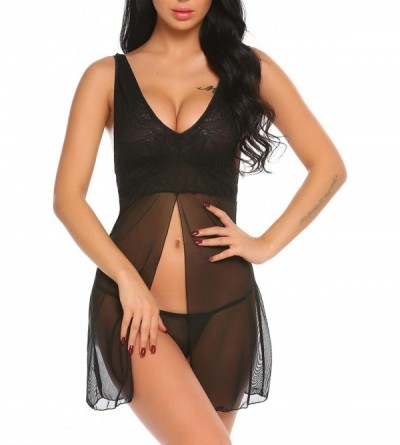 Baby Dolls & Chemises Women Nightwear Lace Babydoll Strap Chemise Halter Lingerie With G-String - Black - CK189X5QI60 $33.44