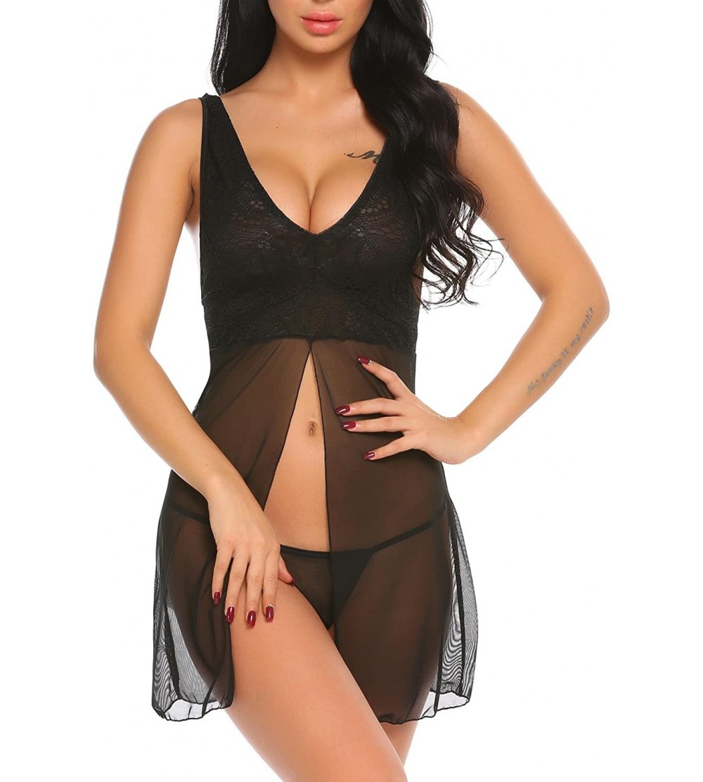 Baby Dolls & Chemises Women Nightwear Lace Babydoll Strap Chemise Halter Lingerie With G-String - Black - CK189X5QI60 $22.30