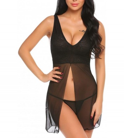 Baby Dolls & Chemises Women Nightwear Lace Babydoll Strap Chemise Halter Lingerie With G-String - Black - CK189X5QI60 $22.30