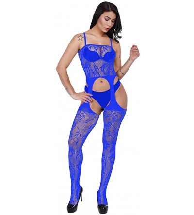 Baby Dolls & Chemises Women's Mesh Lingerie Hollow Fishnet Babydoll Underwear Nightwear - Blue - CM19C9YC7NX $21.79