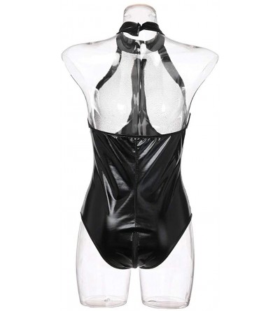 Baby Dolls & Chemises Women's Leather Halter Backless Bodysuit Leotard High Cut Teddy Jumpsuit Clubwear - Black - CW18WNU2ASR...
