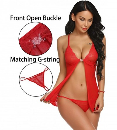 Baby Dolls & Chemises Women Sexy Lingerie Mini Open Front Babydoll Lace Mesh Chemise with G-String Set - Style 1-red - C718M5...