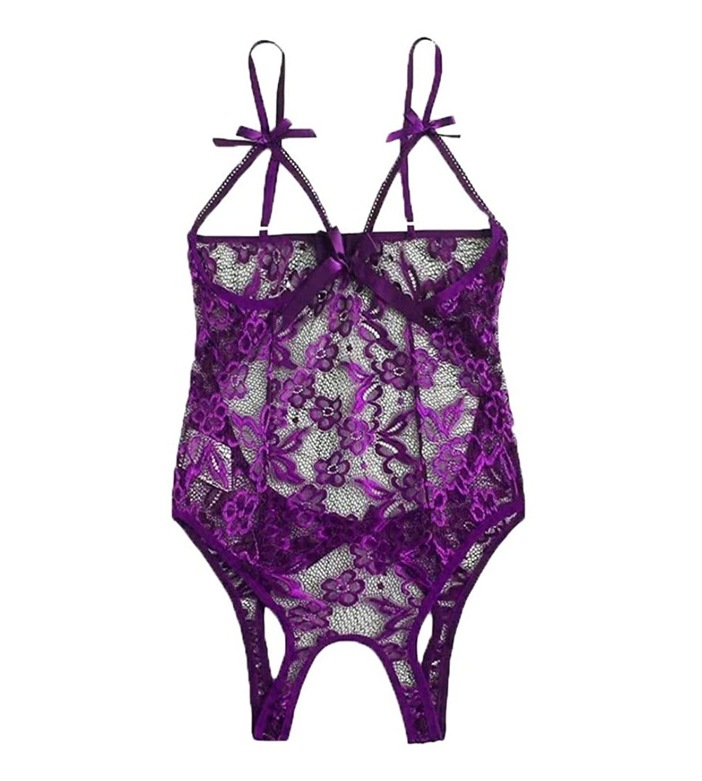 Bras Underwear for Women Sexy Lingerie-Women Bow Lace Hollow Open Crotch Teddy Bodysuit Backless Jumpsuit Lingerie - Purple -...