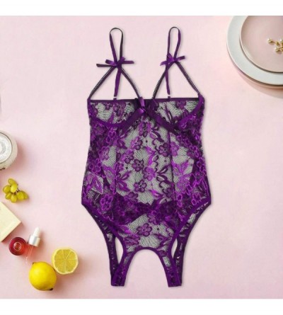 Bras Underwear for Women Sexy Lingerie-Women Bow Lace Hollow Open Crotch Teddy Bodysuit Backless Jumpsuit Lingerie - Purple -...