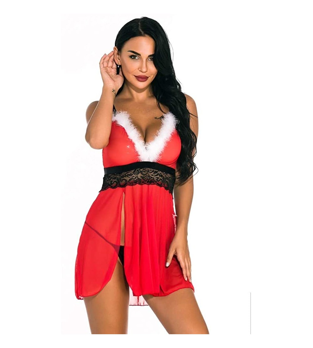 Baby Dolls & Chemises Womens Christmas Lingerie Red Babydolls Sexy Santa Dress Lace Teddy Chemise and Belt Set - B Red - CX18...