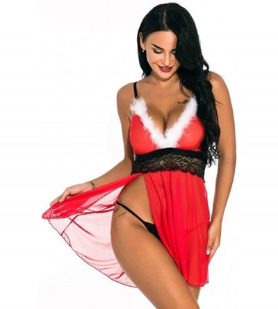 Baby Dolls & Chemises Womens Christmas Lingerie Red Babydolls Sexy Santa Dress Lace Teddy Chemise and Belt Set - B Red - CX18...