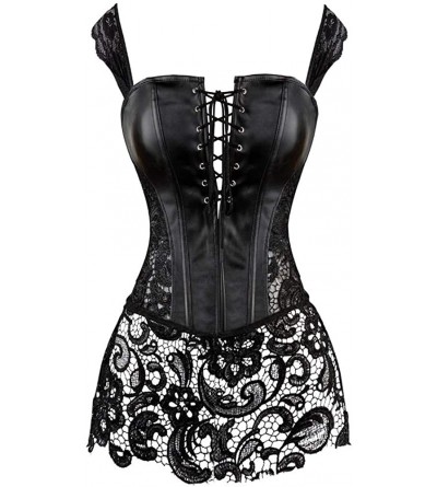 Bustiers & Corsets Women's Punk Rock Faux Leather Steampunk Corset Set Retro Goth Overbust Steel Bustier with Skirt - Black 1...