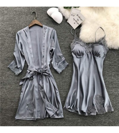 Baby Dolls & Chemises Sleepwear Lingerie Women Satin Robe Dress Babydoll Nightdress Kimono Set L Gray - CJ18MEOY4AG $16.79