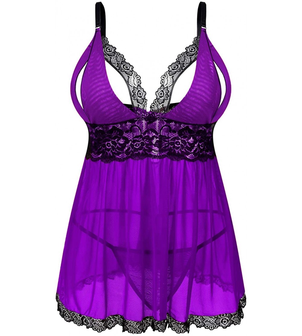 Baby Dolls & Chemises Women's Sexy Plus Size Lingerie - Split Cup Lace Babydoll Sleepwear Chemise Set 2XL-3XL-4XL - Purple - ...