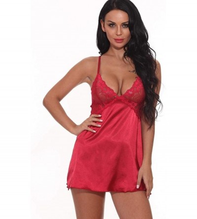 Baby Dolls & Chemises Sleepwear Women's Sexy Lingerie Satin Nightdress Chemise Nightgown Slips - Red - C8197ER7X7K $10.87