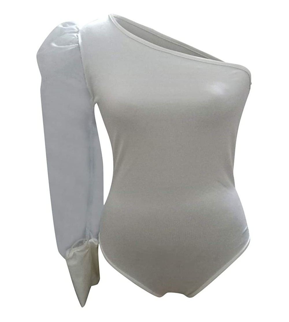 Baby Dolls & Chemises Women Sexy One Shouder Jumpsuit Lantern Sleeve Bodycon Tops Overall Tunics - White - CR193GMXSX2 $15.14