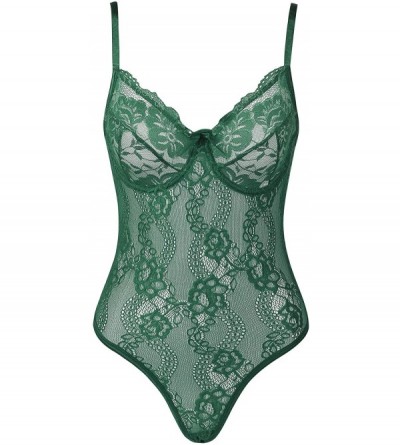 Baby Dolls & Chemises One Piece Lingerie for Womens Sexy Underwire Teddy Snap Crotch Lace Bodysuit - Green-underwire - CI199C...