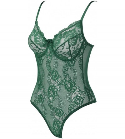 Baby Dolls & Chemises One Piece Lingerie for Womens Sexy Underwire Teddy Snap Crotch Lace Bodysuit - Green-underwire - CI199C...