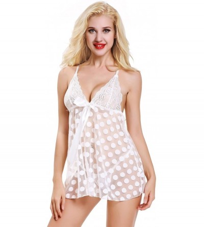 Baby Dolls & Chemises Polka Dot Women Lingerie Plus Size Sexy Lace Sleepwear Chemise Nightwear with G-String - White - CT18EE...