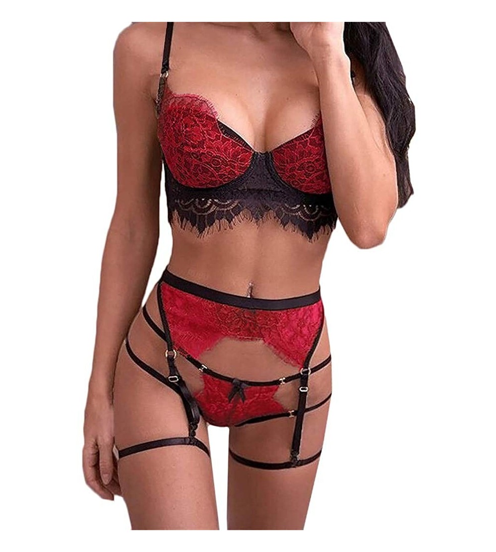 Baby Dolls & Chemises 3Pc Women Lace Sexy Lingerie Straps Bra and Panty Garter Set Underwear Babydoll - Red-a - C6193LK7Y8Q $...