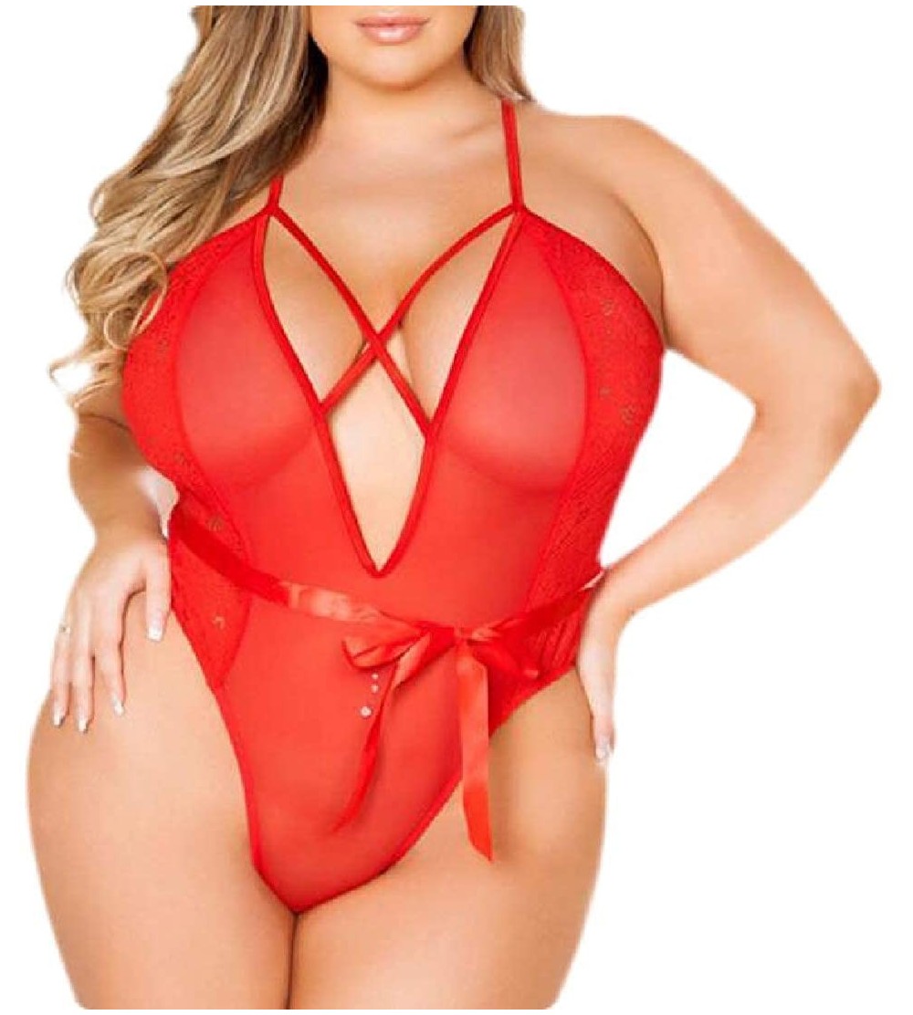 Baby Dolls & Chemises Women Sexy Summer Lingerie Bodysuit Cross Criss Lace Teddy One Piece Babydoll - Red - CI18T07OHC0 $12.74