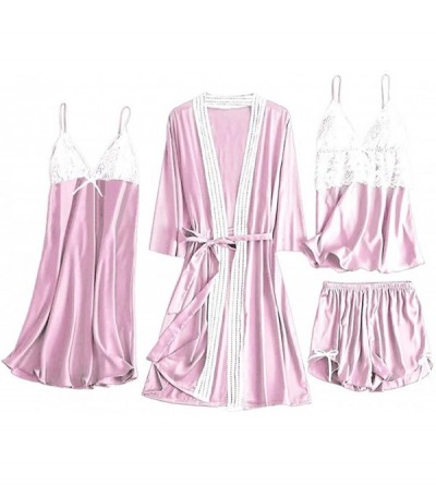 Baby Dolls & Chemises Sexy Pajamas for Women Silky Sets 4 Piece Satin Pajama Set with Robe Soft Lace Lingerie Nightwear Loung...