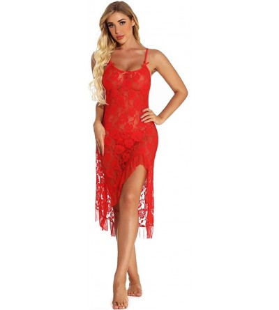 Baby Dolls & Chemises Babydoll Lingerie for Women Sexy Nightgowns Mesh Lace Rose Lingerie Nightdress - Red - CJ19CD5DT3X $17.29