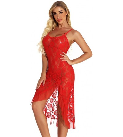 Baby Dolls & Chemises Babydoll Lingerie for Women Sexy Nightgowns Mesh Lace Rose Lingerie Nightdress - Red - CJ19CD5DT3X $17.29